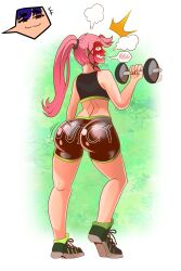 ass awkward_smile big_ass big_butt blue_eyes blush bubble_ass bubble_butt clothed dat_ass dual_dragon embarrassed from_behind gym_clothes gym_shorts lifting lifting_weights looking_at_viewer looking_back oc original_characters pink_hair ponytail simple_background smile smug spats text_on_clothing text_on_shorts thick_ass weightlifting workout_clothes