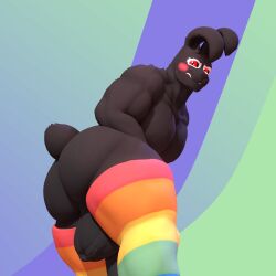 3:4 3d_(artwork) anthro anxiboi ass balls biceps big_balls big_butt big_penis black_body black_fur brush clothing demon digital_media_(artwork) ear_piercing ear_ring footwear fur gay gay_pride gay_pride_colors genitals hi_res humanoid_genitalia lagomorph leporid lgbt_pride long_ears looking_at_viewer looking_back male mammal muscular muscular_anthro muscular_male pecs penis piercing pose pride_color_accessory pride_color_clothing pride_color_flag pride_colors rabbit red_eyes ring_piercing short_tail socks solo solo_male tail thick_thighs zarek_(anxiousanxiety)