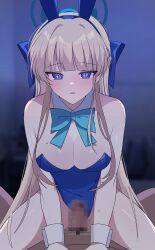 absurdres animal_ears blonde_hair blue_archive blue_eyes blue_leotard blush breasts bunny_ears bunnysuit censored cleavage erection fake_animal_ears female halo heart heart-shaped_pupils highres large_breasts leotard long_hair looking_at_viewer mosaic_censoring official_alternate_costume official_alternate_hairstyle penis playboy_bunny rabbit_ears seno_(senohime) solo symbol-shaped_pupils toki_(blue_archive) toki_(bunny)_(blue_archive)