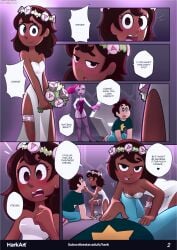 blue_pants blush blushing comic connie_maheswaran dark-skinned_female dark_skin happy harkart nose page_2 spinel_(steven_universe) steven_quartz_universe steven_universe stud_earrings white_dress