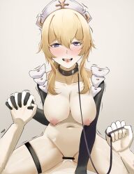 1boy 1girls absurdres aether_(genshin_impact) animal_collar bar_censor black_gloves blonde_hair blue_eyes blush breasts censored collar collarbone commentary cowgirl_position cum cum_in_pussy cum_overflow elbow_gloves eroborne female genshin_impact gloves hair_between_eyes highres holding_hands hypnosis interlocked_fingers jean_gunnhildr large_breasts leash light-skinned_female light-skinned_male light_skin long_hair looking_at_viewer maid_headdress mind_control navel nipples open_mouth petplay pov sex shrug_(clothing) simple_background slave straddling straight textless_version thigh_strap third-party_edit vaginal_penetration viewer_holding_leash