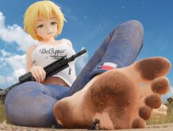 1girls 3d_(artwork) blonde_hair cigarette cleaning_foot dirty_feet dr._pepper foot_fetish foot_worship giantess green_eyes gun jeans larger_female multiple_boys original original_character outside polyphius sitting size_difference smaller_male southern tank_top