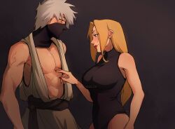 1boy 1girls abs blonde_female blonde_hair blush busty female grey_hair hatake_kakashi leotard lipstick long_hair male mask mayskalih naruto naruto_(series) naruto_shippuden outfit_swap pecs sensual tight_clothing touching touching_pecs tsunade