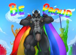 1boy 2023 abs absurd_res alternate_version_at_source anthro artist_name background_characters balls ballsack barazoku beard beefy biceps biped black_body black_fur black_hair body_fur bovine brown_glans brown_nipples brown_penis bulge cattle chest_tuft digital_drawing_(artwork) digital_media_(artwork) english_text eyewear facial_hair facial_piercing flaccid_penis flag flag_(object) foreskin foreskin_folds genitals glans glasses green_eyes grey_countershading grey_streaks hi_res holding_flag holding_object horn_jewelry horns humanoid_genitalia humanoid_penis intact jewelry khayen lgbt_history_month lgbt_pride long_hair_male low-angle_view male male_nipples male_only male_pubic_hair mammal masculine mature_male muscles muscular_anthro muscular_male muscular_thighs mustache nipple_piercing nipple_rings nose_piercing nose_ring nude_male outside partially_retracted_foreskin pecs penis piercing pride_color_flag pride_colors pubes public rainbow_flag rainbow_pride_colors rainbow_pride_flag rainbow_symbol ring_piercing scrotum septum_piercing simple_background sky smile smooth_penis solo_focus tail tail_tuft testicles text thick_thighs triceps tuft uncut