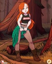 1girls aged_up alternate_costume bare_arms bare_shoulders boots breasts brown_footwear clothes_writing crop_top denim_shorts facing_viewer female fishnet_pantyhose fishnets flannel flannel_shirt forest freckles_on_face full_body furboz gravity_falls green_eyes green_shirt jean_shorts long_hair looking_at_viewer midriff navel neck_tattoo no_headwear orange_hair profanity red_hair shirt_around_waist shoulder_tattoo smooth_skin solo tank_top tattoos thick_thighs tree wendy_corduroy wide_hips woods wrist_tattoo