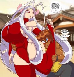 1boy 1girls 2023 anthro ass bear big_ass blush breasts brown_fur brown_hair cameltoe cleavage dialogue female femdom furry goat head_between_legs head_grab huge_breasts leotard long_hair male mastergodai muscular_female muscular_male original_character rascals red_eyes rollo_(cheroc) speech_bubble straight talon_(mastergodai) text thick_thighs very_long_hair white_hair wide_hips