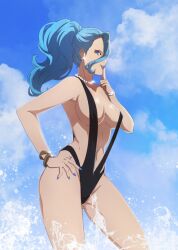 1girls artist_request blue_hair bracelet breasts estelle_(omega_strikers) finger_to_mouth hand_on_hip omega_strikers one-piece_swimsuit pearl_earrings pearl_necklace simple_background thighs wide_hips