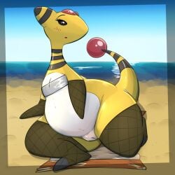 2023 ampharos anthro armwear beach belly blue_sky bottom_heavy bottomless bottomless_female clothed clothing female fishnet fishnet_armwear fishnet_legwear front_view full-length_portrait generation_2_pokemon genitals hi_res honeymono legwear nintendo overweight overweight_female pokemon pokemon_(species) portrait pussy sand sea seaside sitting sky solo tape_on_nipples taped_nipples thick_thighs water yellow_body