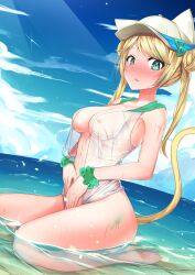 1girls aisha_aisika_watchanaroj aisha_project/channel areolae areolae_visible_through_clothing beach big_breasts blonde_hair blush breasts cap cat_ears cat_tail catgirl clouds double_bun embarrassed female female_only green_eyes half-dressed hat light-skinned_female light_skin looking_at_viewer nipples nipples_visible_through_clothing nose_blush outside polygon_project reifu_42 sky solo tail virtual_youtuber water wet