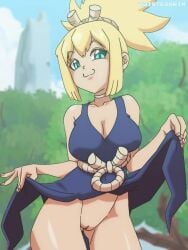 1girls :3 alternate_version_available animated blonde_hair blue_eyes breasts cleavage color colored dr.stone dress dress_lift female kohaku_(dr.stone) no_panties no_sound outdoors pussy shorter_than_10_seconds shorter_than_30_seconds solo tagme twistedgrim uncensored video