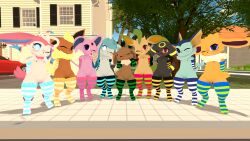 3d absurd_res all_nine_eeveelutions blue_body blush brown_body building clothing eevee eeveelution espeon female flareon footwear generation_1_pokemon generation_2_pokemon generation_4_pokemon generation_6_pokemon genitals glaceon group hands_behind_back hi_res house jolteon leafeon leafeonspirit nintendo nipples one_eye_closed orange_body outside plant pokemon pokemon_(species) pussy semi-anthro smile socks sylveon tongue tongue_out tree umbreon vaporeon wink yellow_body