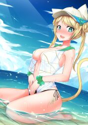 1girls aisha_aisika_watchanaroj aisha_project/channel beach big_breasts bikini_bottom bikini_bottom_only blonde_hair blush cap cat_ears cat_tail catgirl clouds double_bun female female_only green_eyes hat light-skinned_female light_skin looking_at_viewer nose_blush open_mouth outside polygon_project reifu_42 sky solo tail virtual_youtuber water wet