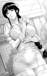 1girls alternate_costume bleach braid braided_ponytail breasts commentary_request daraz18aka dress female garter_straps glove_pull gloves greyscale highres indoors iv_stand kurotsuchi_nemu large_breasts long_hair looking_at_viewer monochrome nurse organs parted_lips pulled_by_self short_dress short_sleeves solo thighhighs very_long_hair