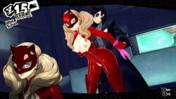 1boy 1girls 3d 3d_animation akira_kurusu animated ann_takamaki atlus blonde_hair blue_eyes bodysuit breasts breasts_out clothed_male clothing english_text evaan human joker_(persona) koikatsu mask megami_tensei nipples omegavalwin pale_skin persona persona_5 phantom_thief_suit ren_amamiya sex tagme valwin video