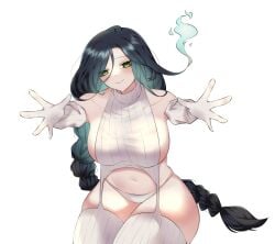 1girls 1st_operation_apocalypse algorhythm_project banshee belly_button black_hair clothed clothing evalia_(vtuber) female female_only ghost ghost_girl gloves green_eyes green_hair hug_invitation inviting light-skinned_female light_skin looking_at_viewer memurin3 panties revealing_clothes simple_background solo sweater two_tone_hair virgin_destroyer_sweater virtual_youtuber wanting_hug white_background white_gloves white_panties