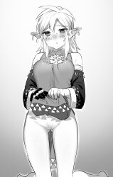 ass_visible_through_thighs bare_shoulders blush breasts colored_skin detached_sleeves earrings female genderswap_(mtf) gradient_background grey_background greyscale hair_between_eyes highres jewelry kneeling large_breasts link long_hair long_sleeves monochrome pointy_ears pussy pussy_juice ring rule_63 solo tears_of_the_kingdom the_legend_of_zelda ttanuu. wet