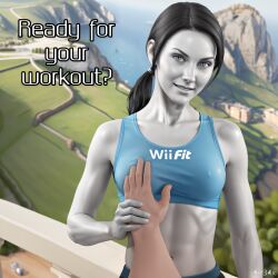 1girls ai_generated air34x breast_grab english_text female fit_female grabbing medium_breasts nintendo sports_bra text toned wii_fit wii_fit_trainer wii_fit_trainer_(female)