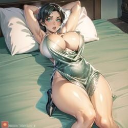 ai_generated bed big_breasts cixf huge_breasts lying_on_back miss_pauling round_breasts seductive silver_dress team_fortress_2 thick_thighs