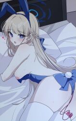 blonde_hair blue_archive blue_eyes bunny_ears bunnysuit egg_vibrator female halo highres looking_at_viewer nipples official_alternate_costume official_alternate_hairstyle seno_(senohime) sex_toy solo thighhighs thighs toki_(blue_archive) toki_(bunny)_(blue_archive) vibrator