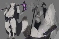 2023 absurd_res anthro big_breasts biped black_body black_fur black_nipples blep bodily_fluids breasts canid canine digital_media_(artwork) female fox fur genital_fluids genitals grey_background grin hi_res holding_scythe hood low-angle_view lvlirror mammal melee_weapon nipples polearm pussy pussy_juice scythe sharp_teeth simple_background smile solo teeth tongue tongue_out weapon white_body white_fur