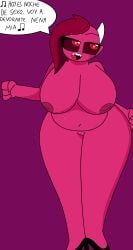 big_breasts black_shoes breasts chubby_female dancing demon_girl full_body heart_eyes heels_only high_heels jacksita1234 jacksita_(jacksito) open_mouth red_eyes red_hair red_skin singing teeth tongue