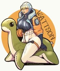 apex_legends big_breasts blue_gloves breasts breasts_out jumpsuit lichtenberg_figure looking_at_viewer nessie one_eye_closed plushie prehistoric_union_(author) scar simple_background sitting thick thick_thighs tight_clothing turtleneck watermark wattson_(apex_legends) yellow_hair yellow_jacket