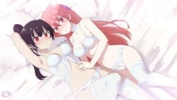 2girls big_breasts big_legs black_hair embarrassment keihh large_legs on_bed ouka_nakiri pink_eyes pink_hair red_eyes sensual stockings tonikaku_kawaii underwear yuzaki_tsukasa