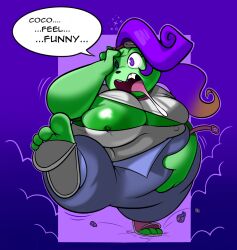 activision anthro belly bodily_fluids clothing coco_bandicoot crash_(series) drooling female freshlysqueezed fur green_body green_skin hair hi_res multicolored_hair purple_eyes saliva slightly_chubby solo thick_thighs transformation two_tone_hair wardrobe_malfunction weight_gain