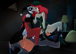 1boy 2girls accurate_art_style batman bisexual_(female) black_lipstick blue_eyes bottomless_female cowgirl_position cum cum_in_pussy cum_inside cunnilingus dc dc_comics elmrtev erect_penis exposed_pussy green_eyes group_sex harley_quinn harley_quinn_(classic) justice_league_action kissing licking_pussy mostly_clothed pale_skin pants_down penetration penis_in_pussy pink_pussy poison_ivy pussy pussy_juice red_hair red_lipstick reverse_spitroast riding sex testicles threesome tongue vaginal_penetration vaginal_sex wet_penis wet_pussy