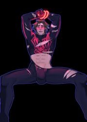 1boy abs big_bulge blush bondage bulge flaccid male male_focus male_only marvel marvel_comics miguel_o'hara muscles muscular muscular_male nervous no_visible_genitalia osa_hime solo solo_male spider-man spider-man:_across_the_spider-verse spider-man:_into_the_spider-verse spider-man_(series) spider-man_2099 superhero tied torn torn_clothes uncensored whitewashed