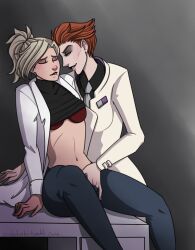 2girls artist_request biting_lip blonde_hair clothed coat dinochoobs dr._ziegler implied_fingering mercy moira multiple_girls naughty_face overwatch overwatch_2 ponytail scientist_moira short_hair sitting smile tagme yuri