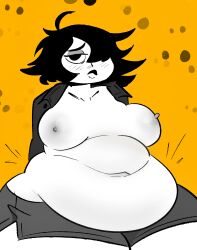 1girls areolae belly belly_button belly_overhang big_belly big_breasts black_hair blush breasts chubby chubby_female embarrassed fat goth goth_girl hair_over_one_eye nipples obese obese_female plump shellzzz short_hair shorts sketch solo weight_gain