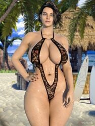 1girls 3d ass beach big_ass big_breasts bikini blue_eyes brown_hair capcom casual female female_only handwear jill_valentine jill_valentine_(sasha_zotova) large_breasts legwear navel navel_piercing neckwear nude nude_female pale_skin pierced_navel pussy resident_evil resident_evil_3 resident_evil_3_remake s.t.a.r.s sling_bikini slingshot_swimsuit solo swimsuit therealjl thick_thighs vagina weapon wide_hips