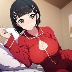 black_hair blush cleavage clothed green_eyes kirigaya_suguha large_breasts red_pajamas sword_art_online undressing