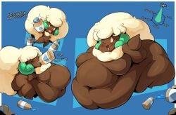 2023 anthro big_breasts blue_background breasts drinking english_text game_freak nintendo overweight overweight_female pokemon stats text veryfilthything whimsicott white_border