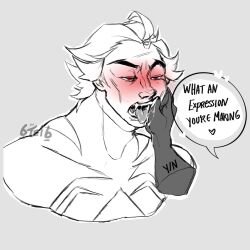 1boy 6tei6 anon blush fangs hand_in_mouth hand_on_mouth latino male male_focus male_only marvel marvel_comics miguel_o'hara monochrome no_visible_genitalia open_mouth saliva sharp_teeth spider-man spider-man:_across_the_spider-verse spider-man:_into_the_spider-verse spider-man_(series) spider-man_2099 superhero uncensored y/n