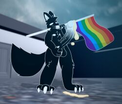 anthro ball_grab balls blep bodily_fluids canid canine canis cum cum_drip dripping genital_fluids genitals humanoid_genitalia humanoid_penis male mammal penis pride_color_flag solo thick_thighs tongue tongue_out unknown_artist vein veiny_penis wolf