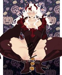 1boy anal_beads censor_bar censored chest cookie_run cookie_run_kingdom halloween halloween_costume legs_apart leukemi long_hair madeleine_cookie male penis solo thick_thighs thighs