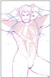 1boy abs angry belly_button bulge dakimakura eldritchneesan flaccid latino looking_at_viewer male male_focus male_only marvel marvel_comics miguel_o'hara monochrome muscles muscular muscular_male no_visible_genitalia penis sketch skin_tight solo solo_male spider-man spider-man:_across_the_spider-verse spider-man:_into_the_spider-verse spider-man_(series) spider-man_2099 superhero tied web_bondage webbed_hands