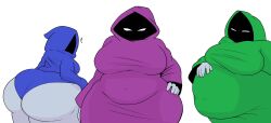 3girls ahobo76 bbw big_ass big_breasts blue_coak chubby chubby_female cloak eyes_only fat_ass female female_only green_cloak hood hooded meme multiple_girls purple_cloak shadow_wizard_money_gang tagme venus_body white_background