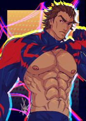 1boy abs bara brown_body latino lifted_by_self lifting lifting_shirt looking_at_viewer male male_focus male_only marvel marvel_comics miguel_o'hara moobs muscles muscular muscular_male nipples no_visible_genitalia pecs serious solo solo_male spider-man spider-man:_across_the_spider-verse spider-man:_into_the_spider-verse spider-man_(series) spider-man_2099 studioaxel superhero uncensored