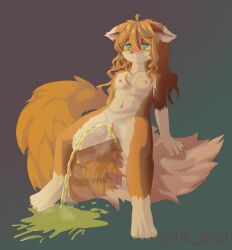 anthro belly big_tail blush blush_lines bodily_fluids breasts canid canine canis claws curled_hair female fur genital_fluids genitals green_eyes hair hi_res humanoid_genitalia leg_markings mammal markings navel orange_body orange_fur paws peeing pussy rik_awu sitting small_breastssocks_(marking) solo spread_legs spreading tail tuft urine watersports wolf