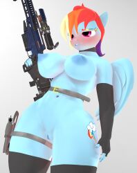 3d 3d_(artwork) anthro anthrofied armwear blush choker clothing cutie_mark digital_media_(artwork) elbow_gloves equid equine facial_piercing female fingerless_elbow_gloves fingerless_gloves friendship_is_magic genitals gloves gun hair handwear hasbro hi_res holster jewelry legwear lip_piercing mammal multicolored_hair my_little_pony necklace pegasus piercing purple_eyes purplefondue pussy rainbow_dash_(mlp) rainbow_hair ranged_weapon rifle sniper_rifle solo stockings straight_hair weapon wings