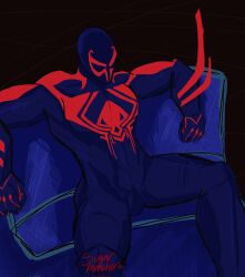 1boy bulge flaccid latino looking_at_viewer male male_focus male_only marvel marvel_comics miguel_o'hara muscles muscular muscular_male penis_bulge solo solo_male spider-man spider-man:_across_the_spider-verse spider-man:_into_the_spider-verse spider-man_(series) spider-man_2099 spread_legs spreading sugarmuncher superhero uncensored