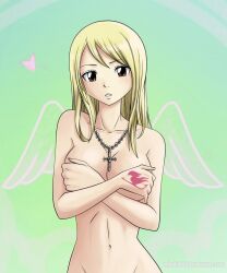 blonde_hair breasts covering_breasts fairy_tail lucy_heartfilia milady666 necklace nude pink_tattoo solo