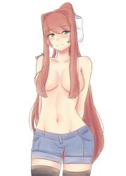 blush breasts brown_hair doki_doki_literature_club green_eyes hourglass_figure large_breasts light-skinned_female light_skin long_hair monika_(doki_doki_literature_club) raionart ribbon short_shorts shorts thighhighs white_ribbon