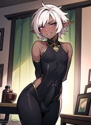 1boy ai_generated balls bare_shoulders biting_lip breasts bulge bulge_through_clothing clothed curvy cute_male dark-skinned_femboy dark-skinned_male dark_elf dark_skin erection erection_under_clothes femboy flat_chest futanari gay indoors intersex looking_at_viewer male otoko_no_ko penis penis_bulge pointy_ears puffyart purple_eyes short_hair small_breasts solo solo_femboy thick_thighs tight_clothing trap white_hair