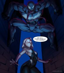 1boy 1girls abs ambush bodysuit disney female female_focus fully_clothed gwen_stacy imminent_interspecies imminent_rape imminent_sex long_tongue male marmalademum marvel marvel_comics muscular_male muscular_shoulders muscular_thighs pecs sharp_teeth spider-gwen spider-man_(series) symbiote venom venom_(marvel) very_long_tongue