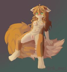 anthro belly big_tail blush blush_lines breasts canid canine canis claws curled_hair female fur genitals green_eyes hair hi_res humanoid_genitalia leg_markings mammal markings navel orange_body orange_fur paws pussy rik_awu sitting small_breasts socks_(marking) solo spread_legs spreading tail tuft wolf