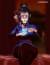 1girls artist_name avatar_the_last_airbender azula big_breasts black_hair blue_fire blue_flame crossed_legs female female_only firebending gray_eyes holding_teacup human looking_at_viewer nickelodeon safe_for_work solo steam tea teacup thedarkzircon